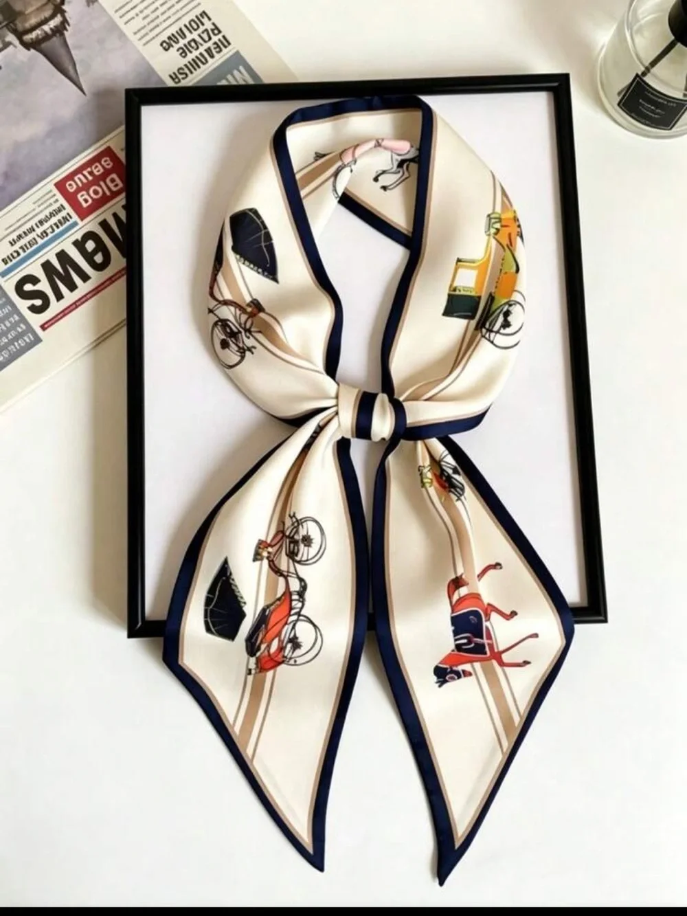 Elegant Multicolor Silk-Feel Neck Scarf with Navy Trim nwt get free scarf Ring!